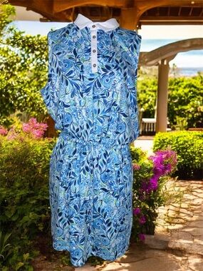 Stella Parker Sport Blue Floral Sleeveless Polo Dress with White Collar